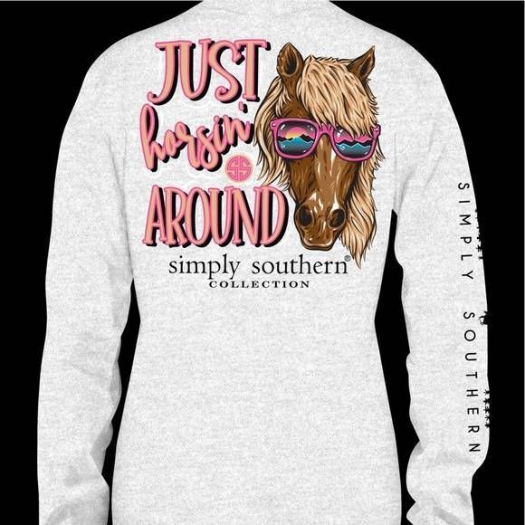 Simply Southern Just Horsin' Around Grey Graphic LS Tee - Picture 1 of 7